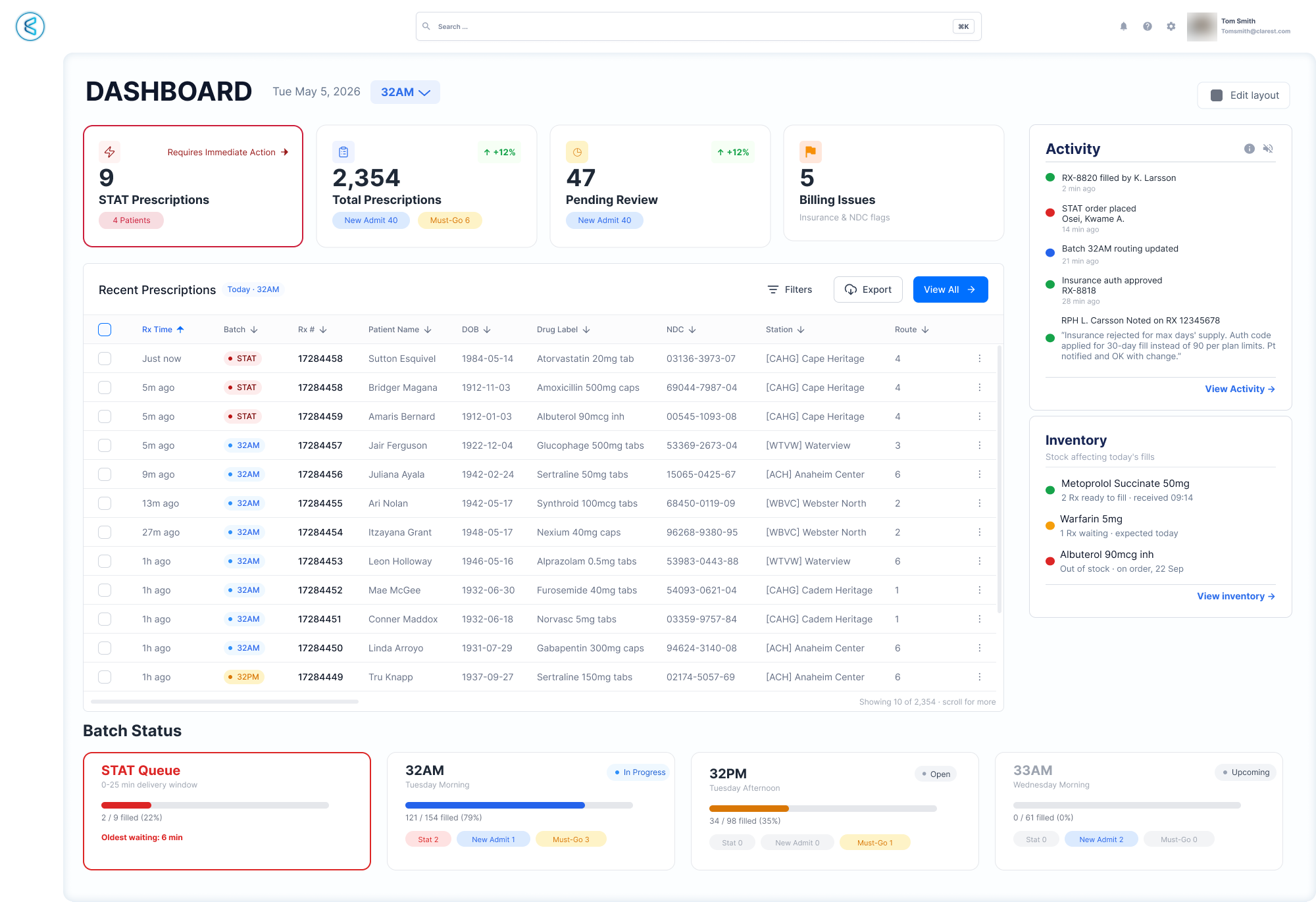 Clarix delivery dashboard, mid-fidelity