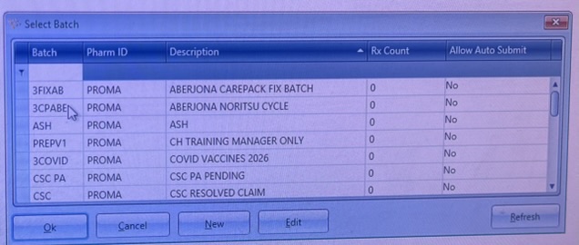 FrameworkLTC Select Batch modal, photographed on the pharmacy floor