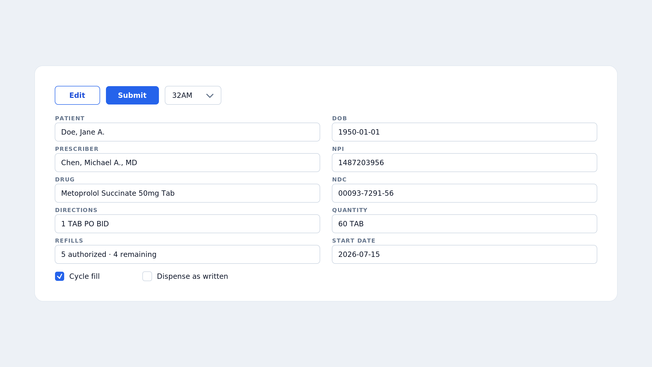 v1 · one screen, two states · Edit + Submit + inputs, all at once